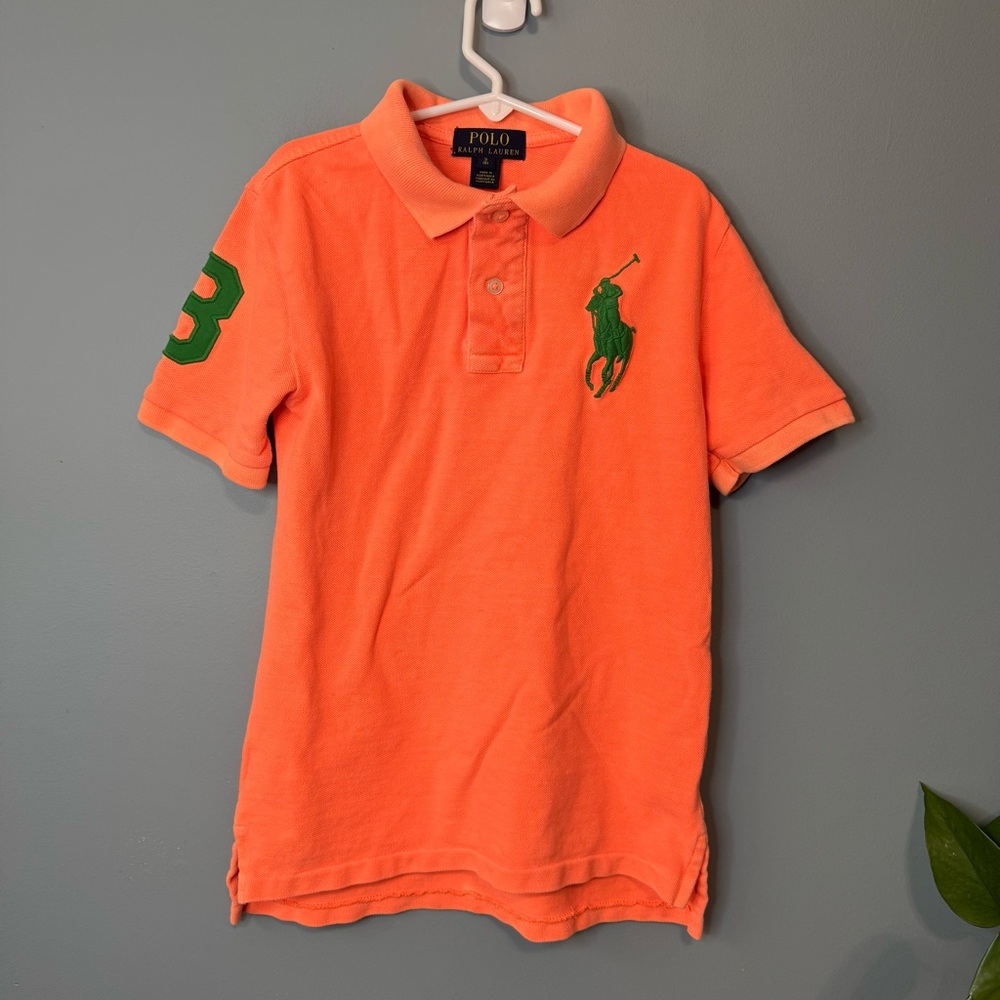 Polo Ralph Lauren Kids Orange Polo Shirt Green Big Pony Number 3. Small